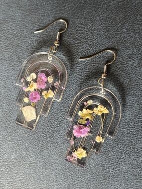 Handmade Clear Resin Arch Earrings with Pink & Yellow Dried Flowers